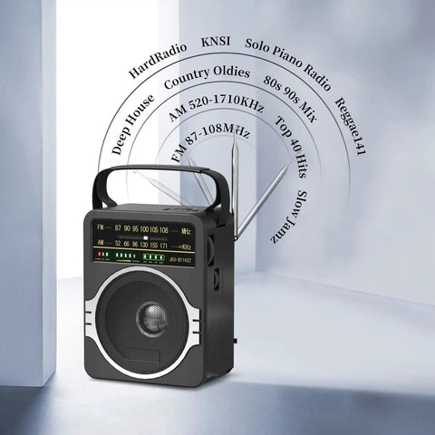 Portable AM FM Radio With Bluetooth Five Point Zero And Five Watt Loud Speaker For Crystal Clear Dope Tunes, black finish, display showing radio frequencies.