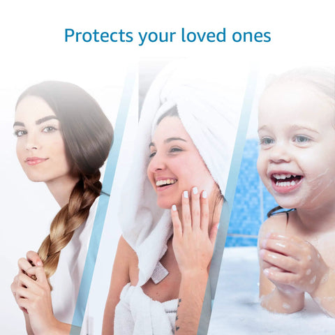 Woman with long hair, woman in towel, and child in bath symbolize clean water from Premium Shower Head Water Filter Replacement Cartridges