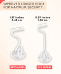 New and old model comparison of white powder coated 3-Inch Heavy Duty Hook And Eye Latch Set, improved length for security.