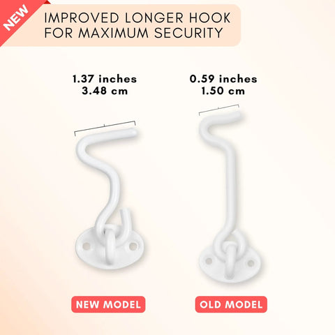 New and old model comparison of white powder coated 3-Inch Heavy Duty Hook And Eye Latch Set, improved length for security.