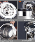 Heavy Duty 304 Stainless Steel Storage Container 16.9 Gallon showing brick sealing ring, hanging lid, and smooth inner tank.