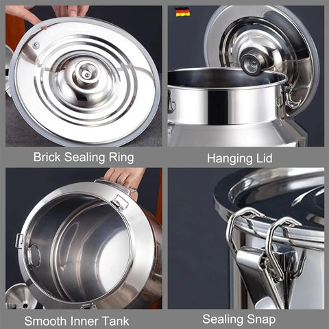 Heavy Duty 304 Stainless Steel Storage Container 16.9 Gallon showing brick sealing ring, hanging lid, and smooth inner tank.