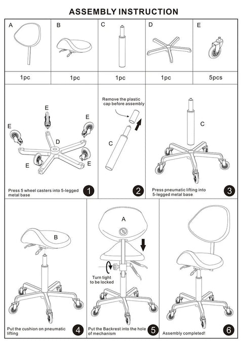 Ergonomic Saddle Stool With Back Support, adjustable height 20 to 29.5 inches, assembly instructions diagram with parts and steps.