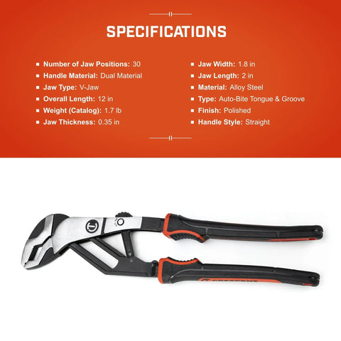 12 Inch Auto-Bite Tongue And Groove Pliers With Cushion Grip, Slim Jaw For Forty Percent More Access In Tight Spaces