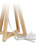 Base of Interlocked Triangular Natural Wood Table Lamp With White Fabric Shade On Cord Easy Switch Sleek Modern Desk Light