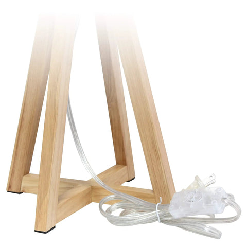 Base of Interlocked Triangular Natural Wood Table Lamp With White Fabric Shade On Cord Easy Switch Sleek Modern Desk Light