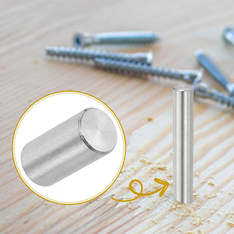 10mm X 20mm Stainless Steel Dowel Pins Set Of 6 for shelves and furniture fixing, side view with wood surface