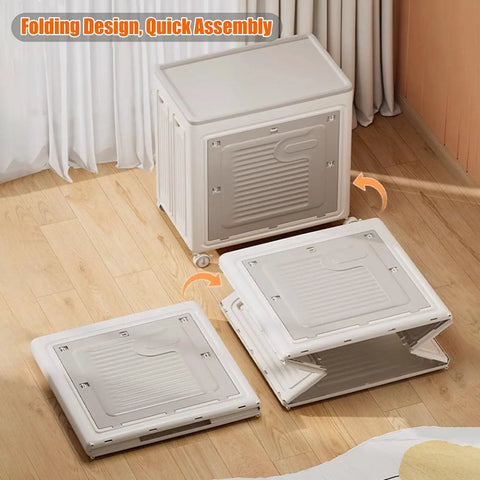 Heavy Duty Foldable Storage Bin With Lid Gray Extra Large 120L Capacity Wheels Smooth Glide For Closet Bedroom Living Room viewed from above with lid open and partially folded