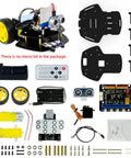 Microbit 2WD Robot Car Kit For Microbit V2 And V15 With Ultrasonic Sensor And MakeCode Graphical Coding DIY Programmable STEM Car For Teens And Adults For STEM Projects, kit parts laid out