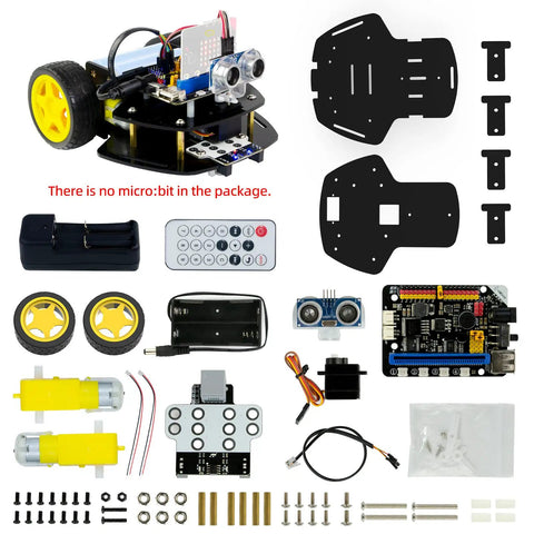 Microbit 2WD Robot Car Kit For Microbit V2 And V15 With Ultrasonic Sensor And MakeCode Graphical Coding DIY Programmable STEM Car For Teens And Adults For STEM Projects, kit parts laid out