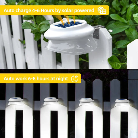 Solar Powered Gutter Lights 6 Pack With 9 LEDs Outdoor Fence Lights installed on white picket fence, day and night view