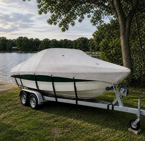 Beefy Heavy Duty Boat Cover For Bass 150 1993 All Weather Trailerable Marine Cover Waterproof And UV Resistant on a trailer