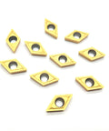 Ten gold-coated carbide turning inserts with center hole for lathe holder (DCMT21.51/DCMT070204)