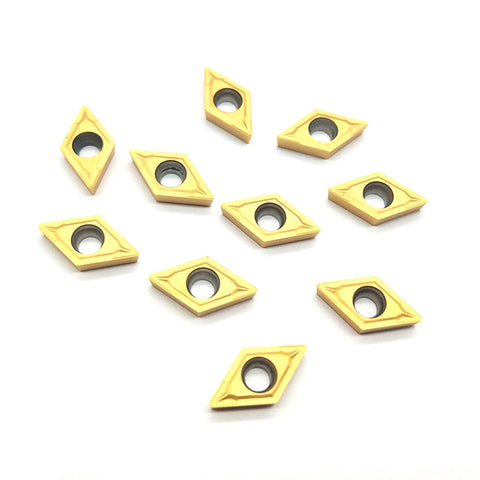 Ten gold-coated carbide turning inserts with center hole for lathe holder (DCMT21.51/DCMT070204)