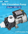 Straight Up Professional Heavy Duty Hot Tub Bath Pump Motor 110V 9A 1.5 Inch Port 116GPM Flow Rate Top Shelf Spa Jet Pump Replacement Kit Built Different, shown from side angle, 1.5 HP power.