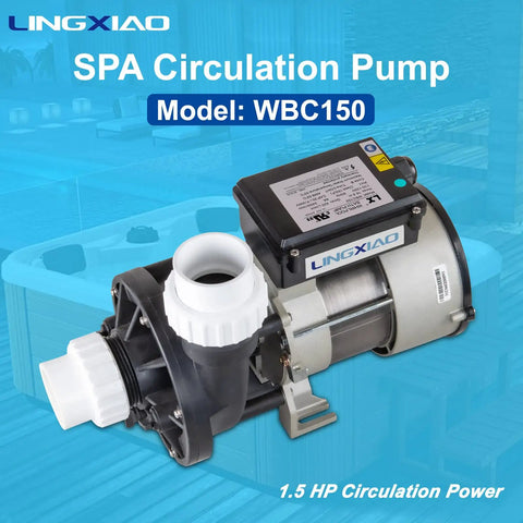 Straight Up Professional Heavy Duty Hot Tub Bath Pump Motor 110V 9A 1.5 Inch Port 116GPM Flow Rate Top Shelf Spa Jet Pump Replacement Kit Built Different, shown from side angle, 1.5 HP power.