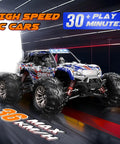 1/16 Scale Hobby Grade RC Monster Truck With 4WD Power And 36 KPH High Speed Off Road Beast displayed on sleek track