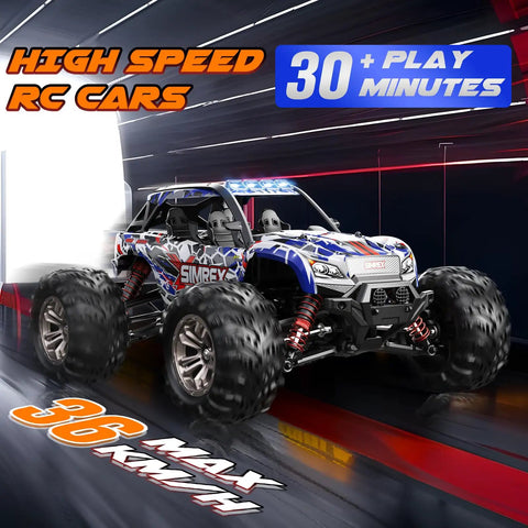 1/16 Scale Hobby Grade RC Monster Truck With 4WD Power And 36 KPH High Speed Off Road Beast displayed on sleek track