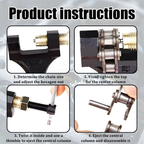 Heavy Duty Motorcycle Chain Breaker Tool usage instructions with zoom on mechanism and parts for removing links 420 428 520 525 528 530 chains