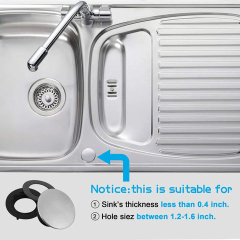 Brushed Stainless Steel Faucet Hole Cover For Kitchen Sink on stainless steel sink surface with dimensions for installation suitability.