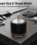 Two Pack 0H1829 Rubber Vibration Isolator Mounts 38.1mm Diameter By 25.4mm Height With M8-1.25 Threaded Studs For Industrial Gear And Home Workshop Vibration Dampening, shown with size markings