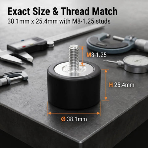 Two Pack 0H1829 Rubber Vibration Isolator Mounts 38.1mm Diameter By 25.4mm Height With M8-1.25 Threaded Studs For Industrial Gear And Home Workshop Vibration Dampening, shown with size markings