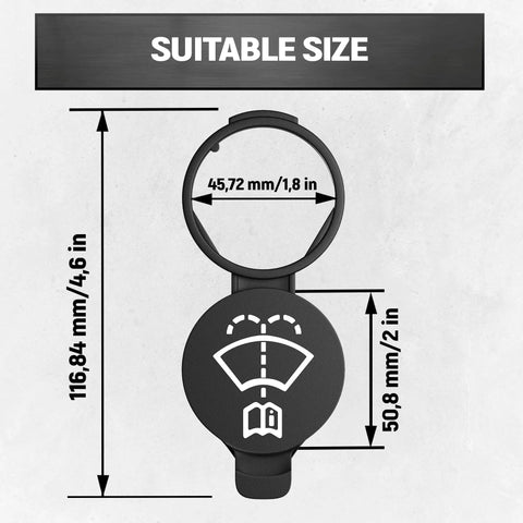 Image showing dimensions of Washer Fluid Reservoir Cap Replacement For Chevrolet GMC Buick Cadillac Saab Cars And SUVs 2009 To 2024 Silverado Sierra Tahoe Equinox Acadia Malibu Direct Fit Black Twist Lock, including diameter and height measurements.