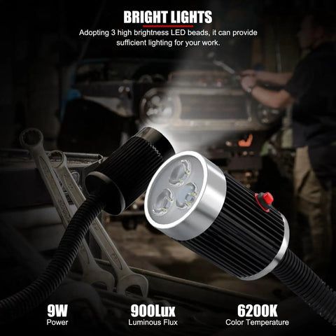 Top Shelf Led Machine Work Light With Heavy Duty Magnetic Base And Flexible Gooseneck Arm Pumping Out Killer Shop Brightness At One Thousand Lumens, showing bright LED lighting with adjustable arm.