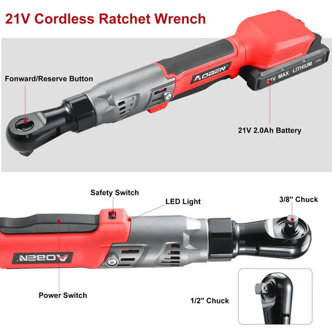 21V cordless ratchet wrench kit showing 3/8" and 1/2" chuck, forward/reverse button, LED light, and 21V lithium battery.