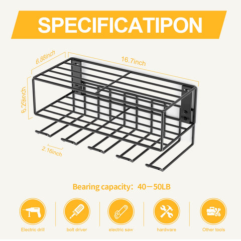 Power Tool Organizer Wall Mount Rack For Garage And Workshop, metal floating tool shelf with size specifications and uses