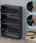 Slim 3-Flip Shoe Storage Cabinet with Odor Control, black tall unit, adjustable removable shelves, dimensions and wire length displayed.