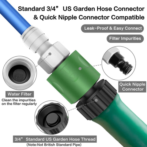 Detailed view of water filter and connector components in the Upgraded Outdoor Misters For Patio With 3 Nozzles And Six Point Six Foot Aluminum Bendable Hose Misting System For Chill Patio Cooling Greenhouse Trampoline Chicken Coop Kit