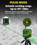 Cross Line Laser Level With Rechargeable 2200 mAh Battery Type C Charging displaying pulse mode on tripod