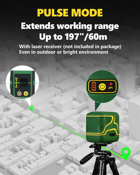 Cross Line Laser Level With Rechargeable 2200 mAh Battery Type C Charging displaying pulse mode on tripod