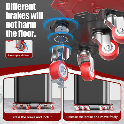 Kavlium Heavy Duty Furniture Dollies With 5-Wheel Movers showing brake mechanism for secure transport of bulky items.