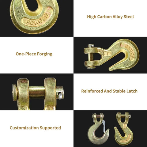 Built Like A Tank Clevis Hooks With Secure Safety Latch, 4 Ton Load Rating 4 Pack Heavy Duty Carbon Steel Rigging Hardware up close