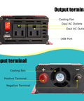 Heavy Duty 1200W Car Power Inverter Cranks Out DC 12V To 110V AC With Tough Steel Shell And Crisp LCD Display Panel For Truck RV And Weekend Cruises, showing output and input terminals.