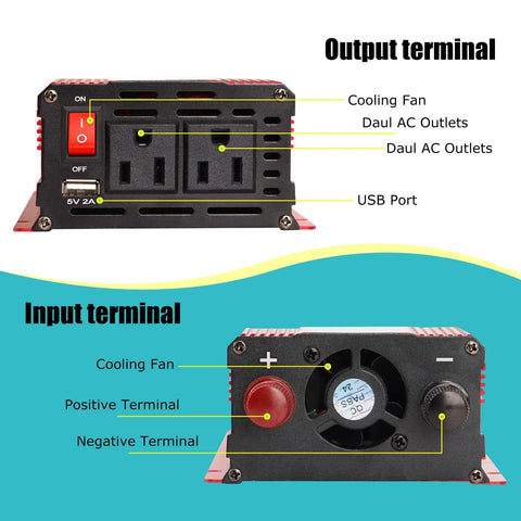 Heavy Duty 1200W Car Power Inverter Cranks Out DC 12V To 110V AC With Tough Steel Shell And Crisp LCD Display Panel For Truck RV And Weekend Cruises, showing output and input terminals.