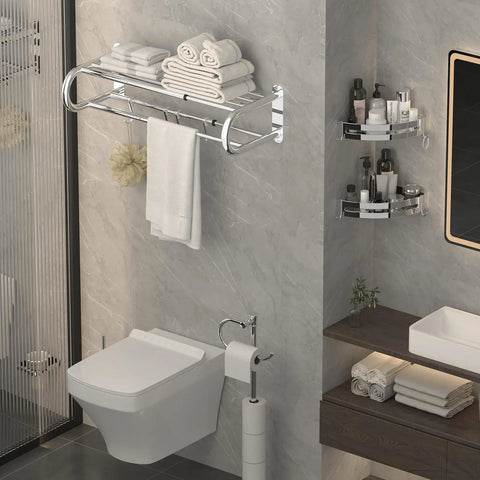 Bathroom with adjustable 15 to 25 inch towel rack with shelf for bathroom and lavatory double towel bar rod four hooks stainless steel