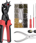 Leather Hole Punch Kit With 6 Size Revolving Punch Plier All In One Pro Grade Quality Includes 240 Rivets And Double Cap Rivet Tool shown with accessories.