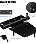 Heavy Duty Gate Hinges Three And A Half Inch Black Iron Strap Hinges for wood fence gate and vinyl shed door with screws 8 pack full or half surface mount 60 pound capacity weather resistant outdoor use durable construction, showing staggered screw holes and 270 degree rotation feature.