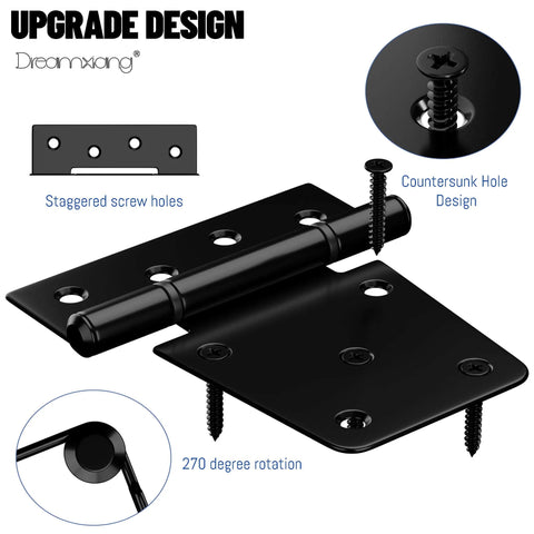 Heavy Duty Gate Hinges Three And A Half Inch Black Iron Strap Hinges for wood fence gate and vinyl shed door with screws 8 pack full or half surface mount 60 pound capacity weather resistant outdoor use durable construction, showing staggered screw holes and 270 degree rotation feature.