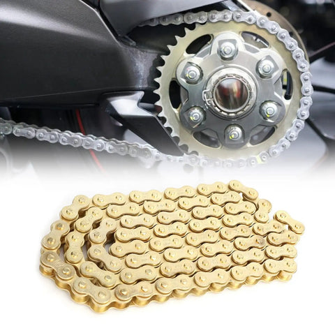 Heavy Duty 48 Link 420 Drive Chain For Off Road Motorcycles and sprocket, gold and silver chain for rough terrain