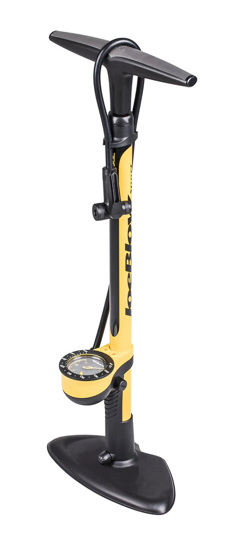 High Pressure Bike Floor Pump for Precision Inflation, Steel Barrel, 160 PSI, 3 Inch Analog Gauge, TwinHead DX5 Pump Head, yellow-black