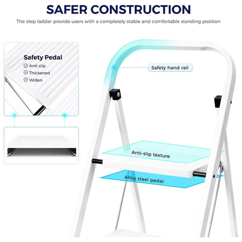 Diagram of Two Step Folding Ladder With Handgrip And Wide Anti Slip Pedals Heavy Duty Safe Lightweight Step Stool showing features.