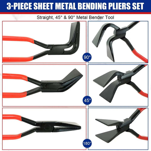 Three Piece Sheet Metal Bending Pliers Set For Roofers And Plumbers, showing Straight, 45° and 90° angle benders made of carbon steel.