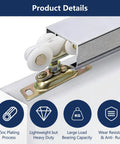 Close-up view of 3/4 inch sliding pocket door roller assembly with nylon wheels and durable metal base for bypass closets.