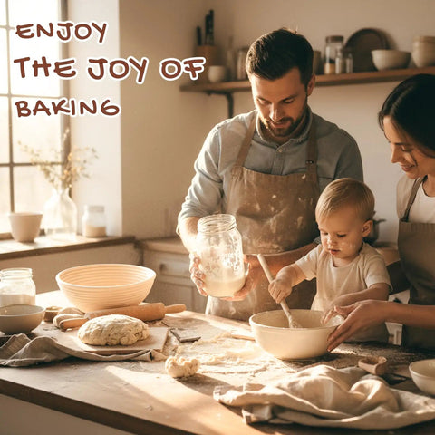 Family using All In One Sourdough Starter Kit With Round And Oval Banneton Baskets Bread Sling Starter Jar Dough Whisk Scrapers Stencils Cooling Rack Bags And More For Easy Pro Level Home Bread Baking in kitchen