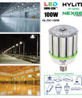High Power 100W LED Omni Cob Light Replaces 400W HPS MH, ideal for warehouses, gyms, and street lighting, shown with product graphics