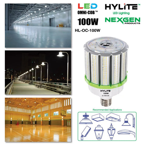 High Power 100W LED Omni Cob Light Replaces 400W HPS MH, ideal for warehouses, gyms, and street lighting, shown with product graphics
